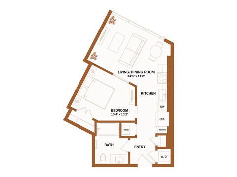 A floor plan of a small apartment with a living room, dining room, kitchen, bedroom, bathroom, and entry.